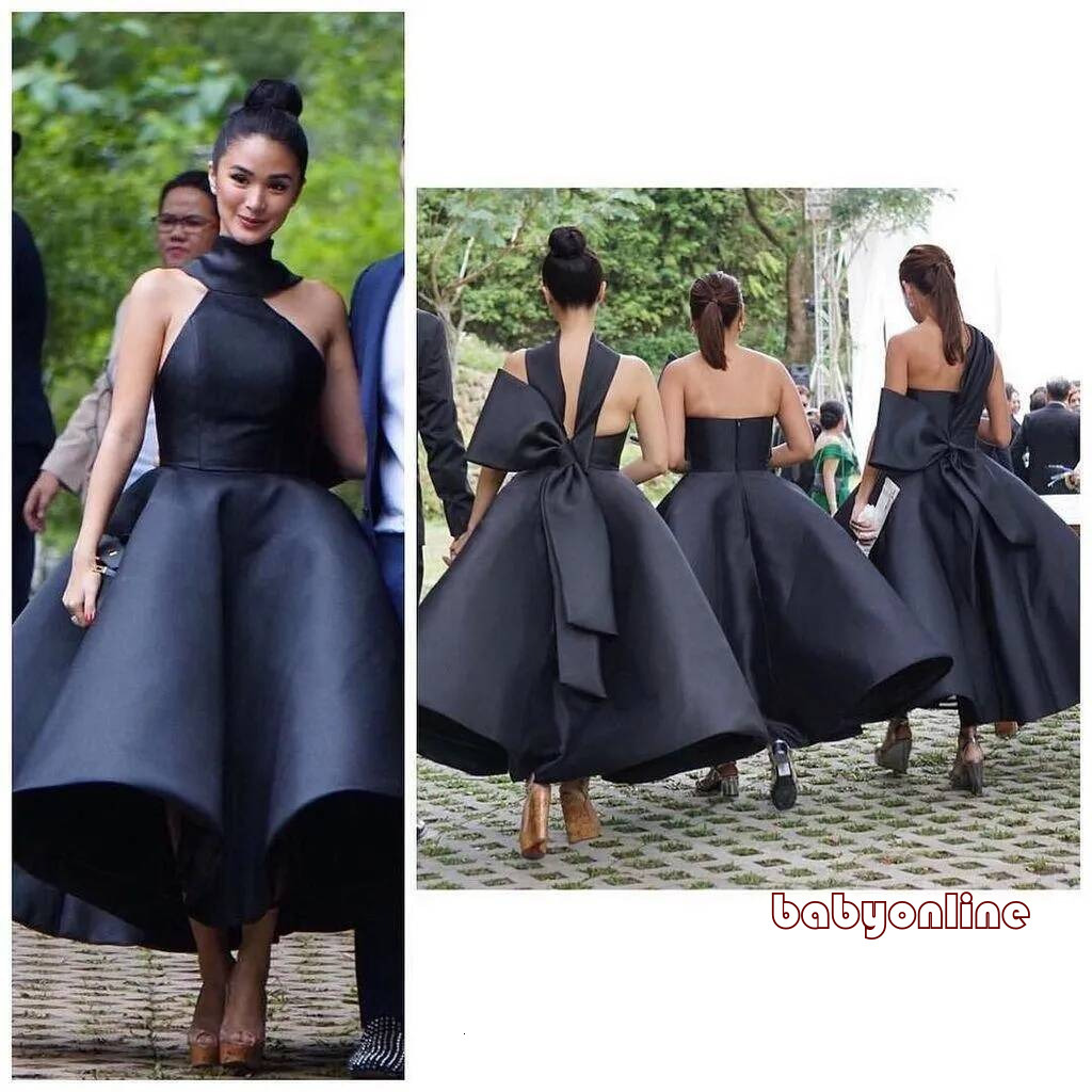 Elegant Black Bridesmaid Dresses A Line Halter Neck Ankle Length Bow Arabic Maid Of Honor Dresses Plus Size Custom Made Party Gowns