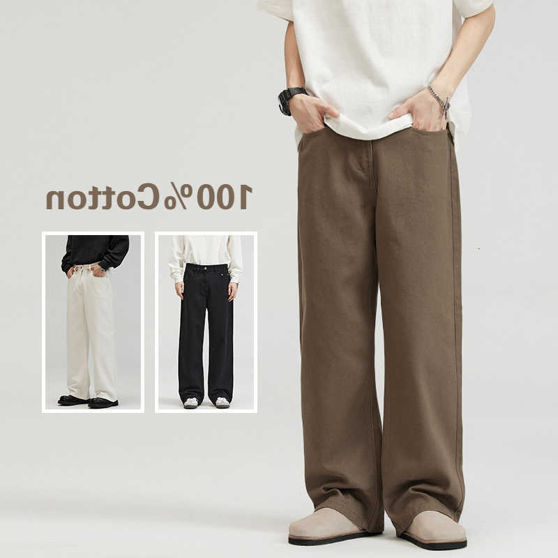 Jeans da uomo in cotone da 100 jeans larghi dritti comodi pantaloni casual morbidi moda coreana pantaloni in denim bianco marrone abbigliamento masc