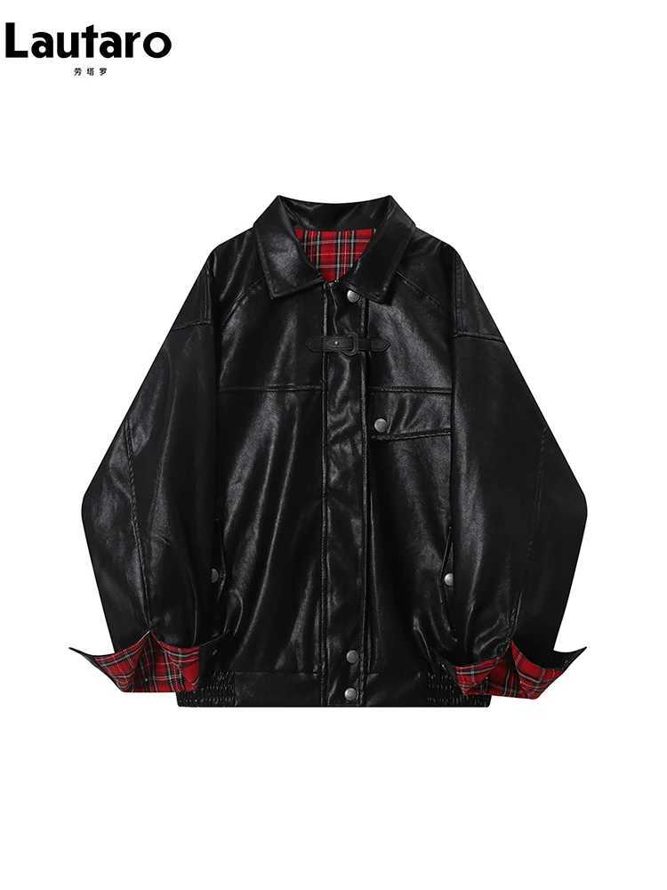 Patchwork Pu Lautaro-Plaid Leather Jacket for Women Oversized Soft Reversible Long Sleeve Luxury Designer Clothing Spring C260921