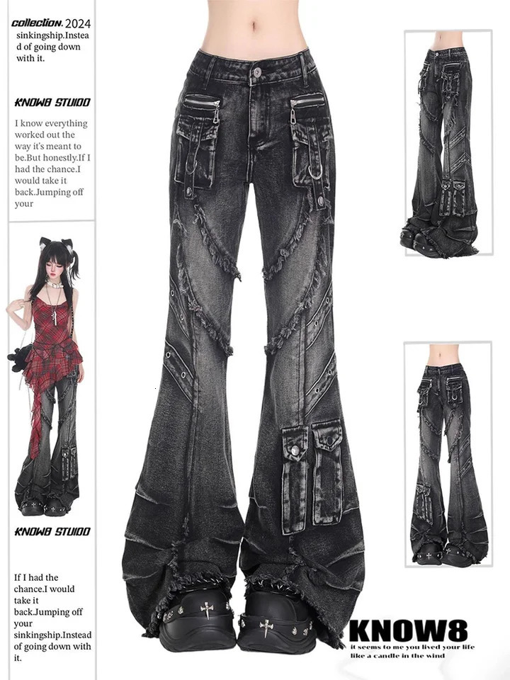 Women's Black Gothic Cargo Baggy Jeans Y2K American High Street 2000S Harajuku Aesthetic Vintage Jeans Pants Trousers Clothing 260921
