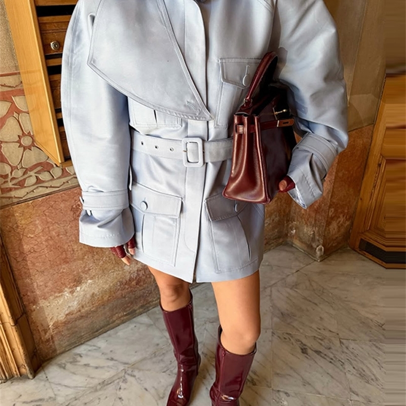 Chic Lapel Pockets Jacket with Belt 2026 Autumn Womens Solid Lace Up Trench Coat Fashion Lady Long Sleeve Outerwear Street 260921