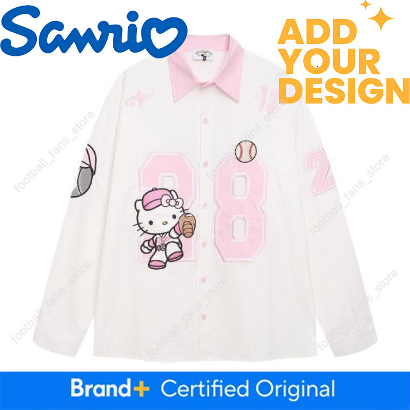 New Hello Kitty Cartoon Embroidered Patchwork Long Sleeved for Men Women Loose Fitting College Style Versatile Shirt Ins 7a