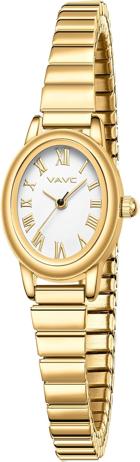 Small Gold Watches for Women,Analog Womens Watch with Stainless Steel Expansion Band,Oval Case Roman Dial,Water Resistant Great Halloween Gift Choic