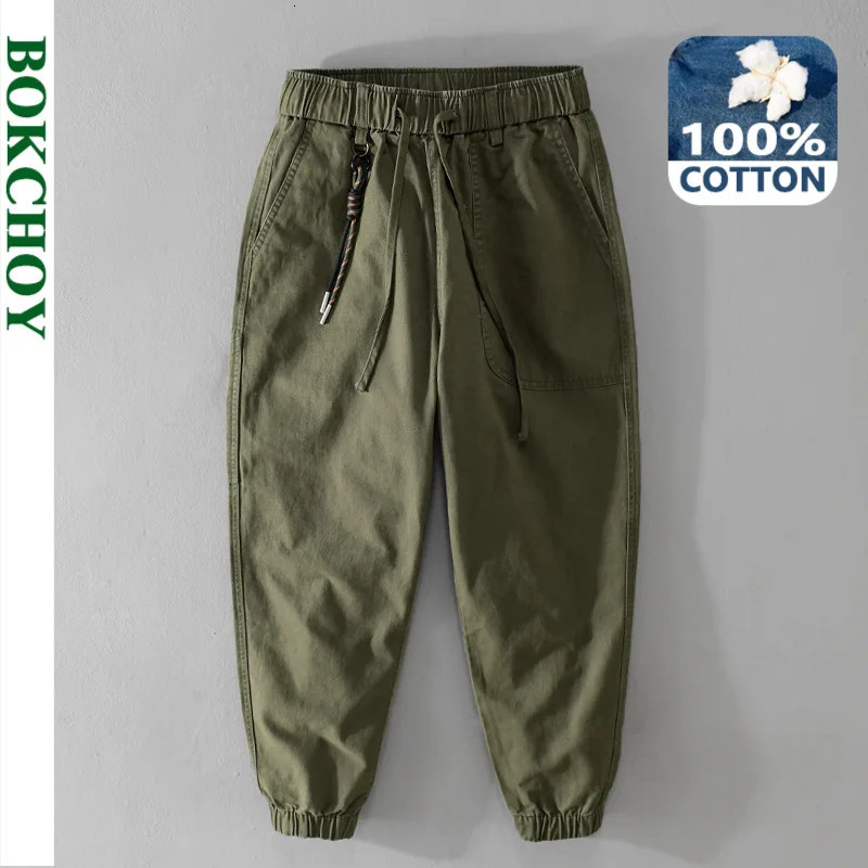 Otoño para hombre 100% algodón pantalones cargo simples casual color sólido cintura elástica suave calle joggers hombres pantalones FY7622 260922