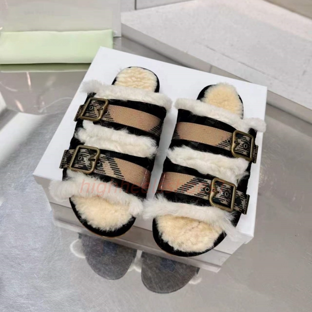 Designer Classic Plaid Faux Shearling Clogs Unisex Winter Warm Fur Lined Mules Buckle Strap Slippers Slides Shoes Size 35-45