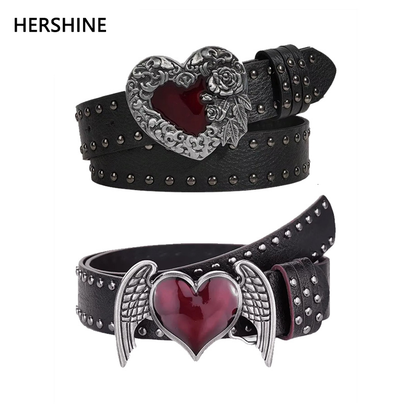 1 piece of rose essential oil droplet heart-shaped leather belt, with rivet decoration, in a Y2K punk gothic rock hip-hop style, sui 26L0922