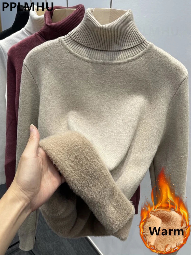 Thicken Velvet Turtleneck Sweater Women Korean Fashion Lined Warm Sueter Knitted Pullover Slim Top Winter Knitwear Jumper 260921