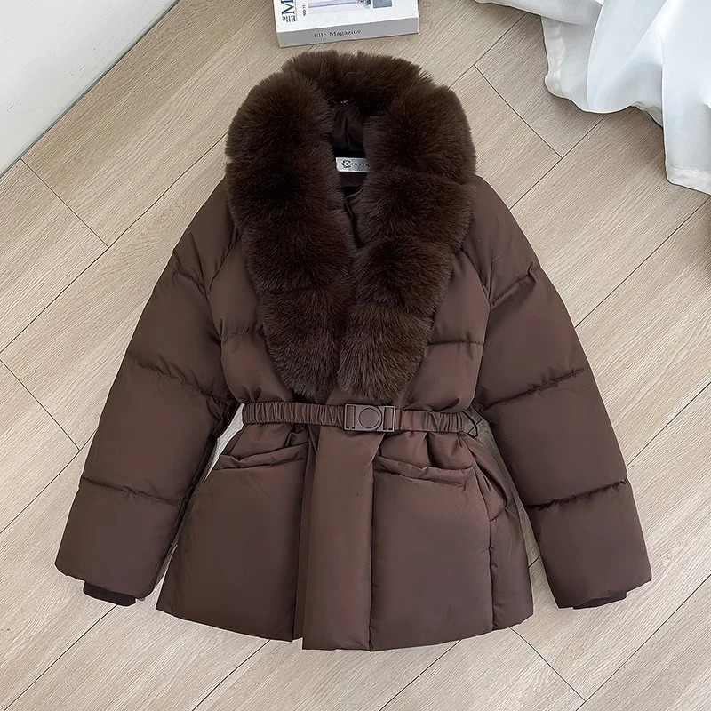 2026 Winter Women Short Puffer Jacket Faux Fur Lapel Collar Waist Belt n Solid Color Warm Elegant Daily Ladies Outerwear 260922