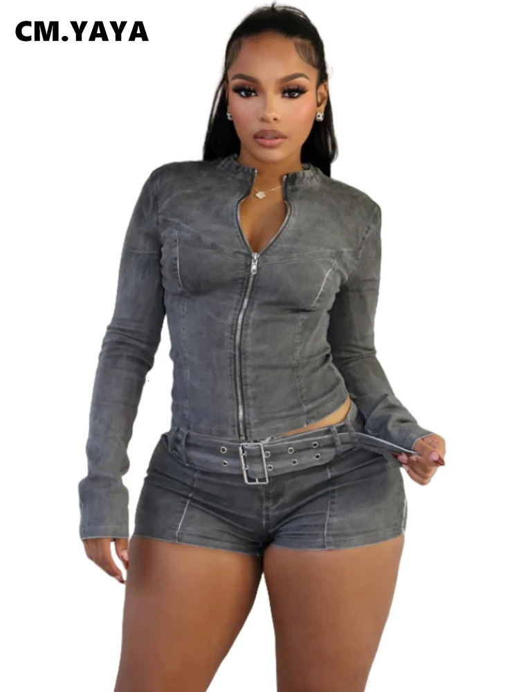 CM.YAYA Fashion Denim Women's Set Long Sleeve Jacket and Belt Shorts Suits Winter Street Two 2 Piece Sets Outfits Tracksuit 260921