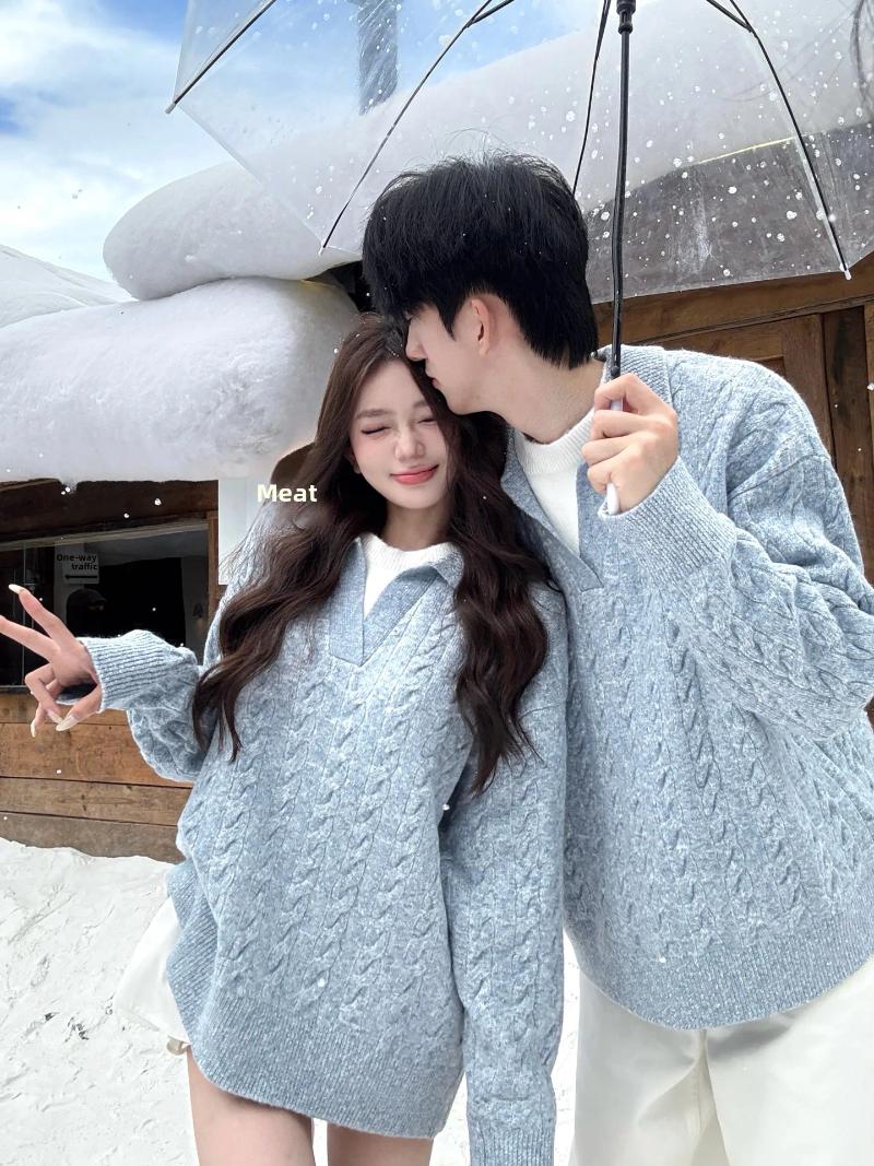 Loose Casual Knitted Sweater Couple Matching Autumn Winter Pure Color Flip Collar Pullover For Men And Women Korean Style