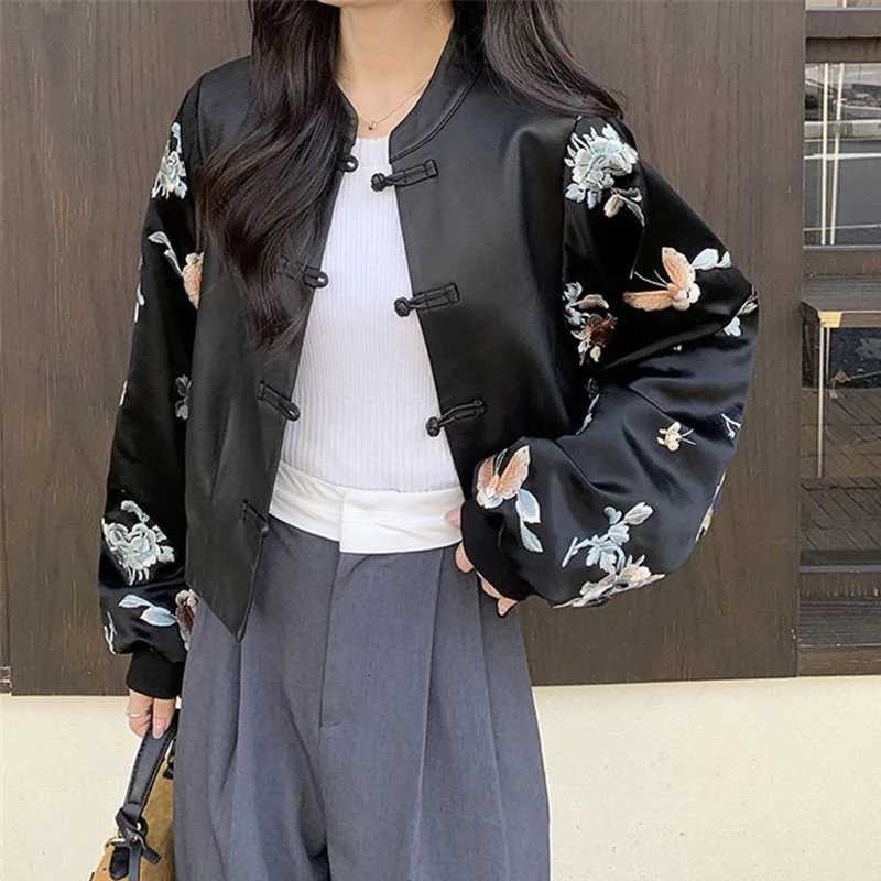 Spring 2025 New Autumn Women Black Leather Jacket Long Sleeve Stand Collor Faux Leather Coat Fashion Embroidery Leather PU Coats C260921