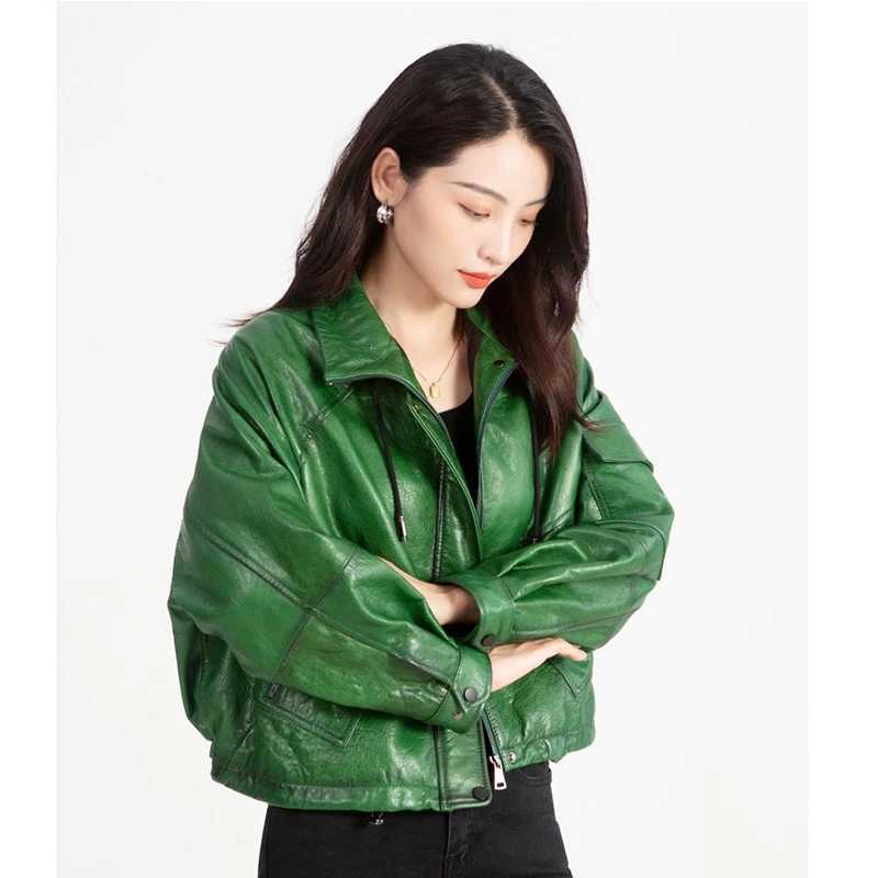 Sheepskin Oil Wax Coats for Women Winter 2024 Green/Blue/Red/Black Fahion Loose Slim Motorcycle Zipper Short Leather Jacket C260921