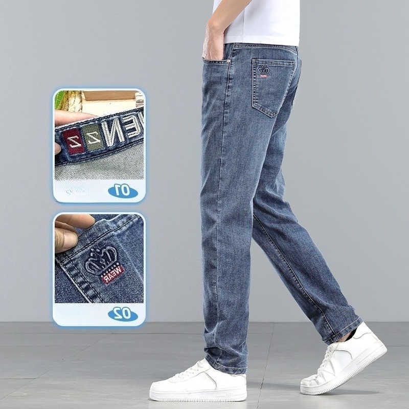 Jeans Men's Brand Clothing Spring Summer Slim Men's Jeans Casual Breathable Cotton Fabric Stretch Denim Pants Blue Trousers Male Plus Size