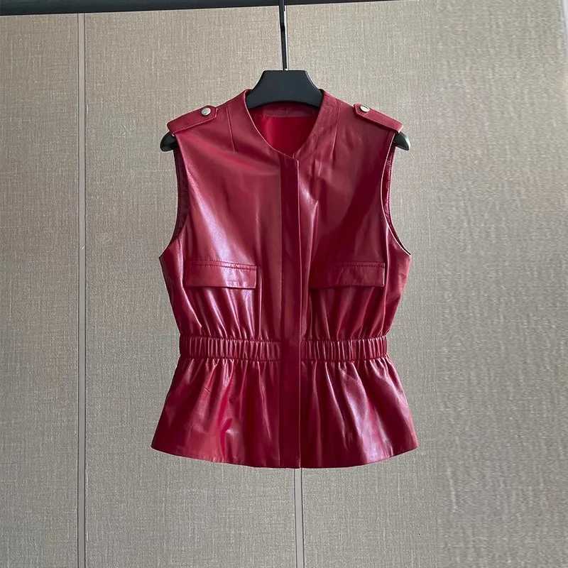 Leather Faux Women's Leather Women's Slim Waist Red Genuine Leather Vest Sleeveless Casual Jacket Short Style Versatile for Spring Autumn