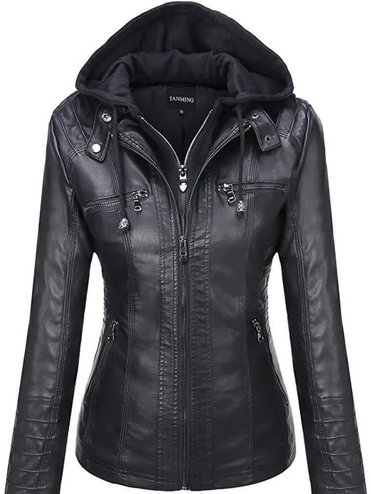 Leather Jacket Hooded Two-Piece Set Removable Large Size Leather Jacket for Women Spring Fall Outwear for Women Pu Washed Leather C260921