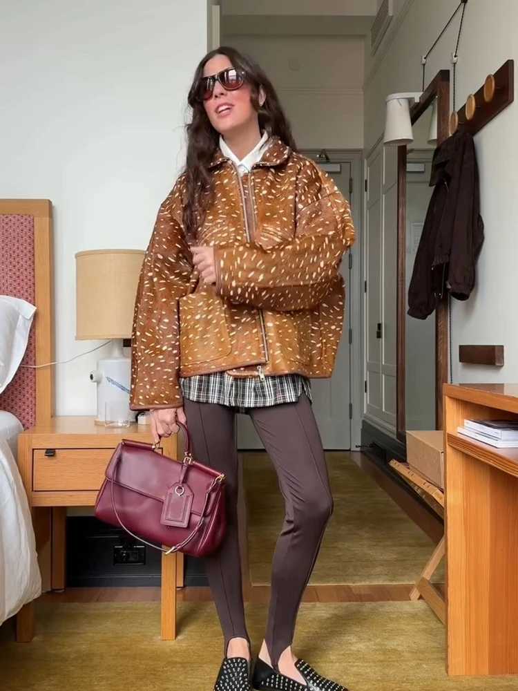Women's Jackets Retro Spotted Faux Leather Short Jacket For Women Lapel ZipUp Oversized Loose Coat Vintage StreetStyle Casual Outerwear 2026 C2