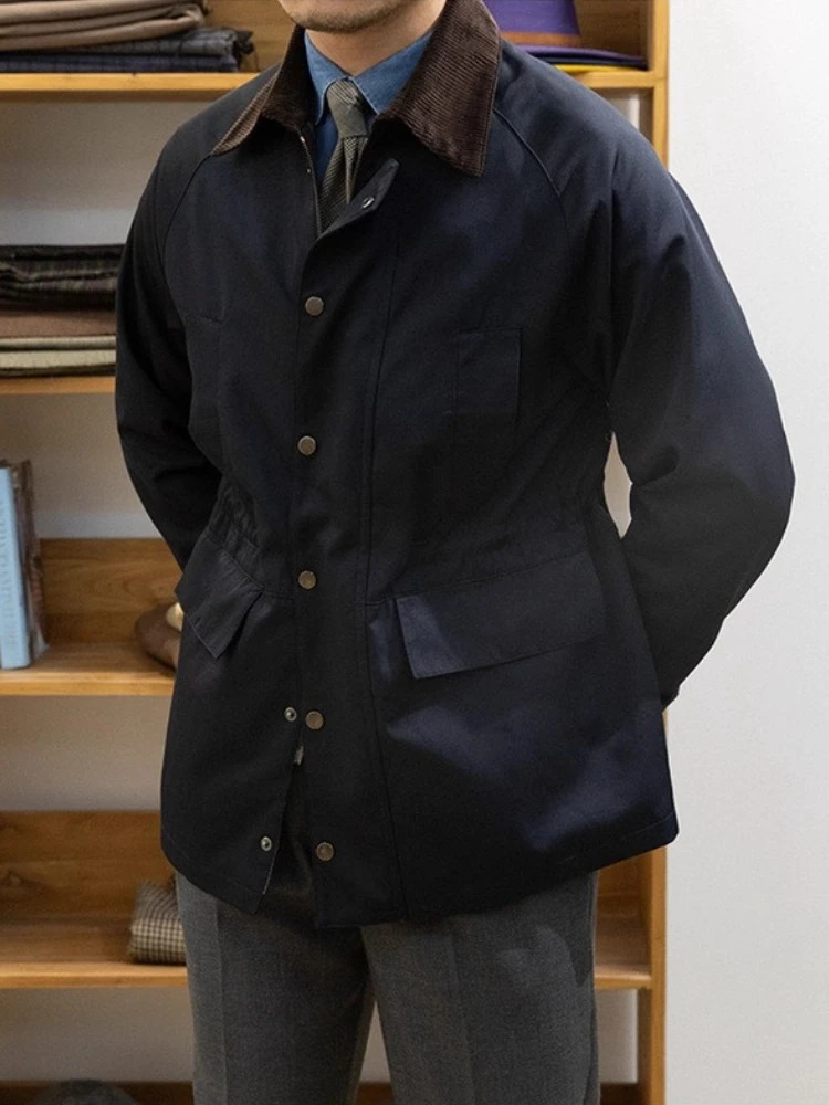 Giacca da caccia vintage Trench Uomo Autunno Inverno Navy Velluto a coste con pannelli Cappotto multitasche per esterno Giacca sartoriale britannica