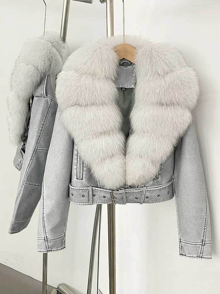 Leather Elegant Faux Jacket Female New Natural Fox Fur Autumn Short Top Clothing PU Women Long Sleeve Fake Leather Real Fur Coat C260921