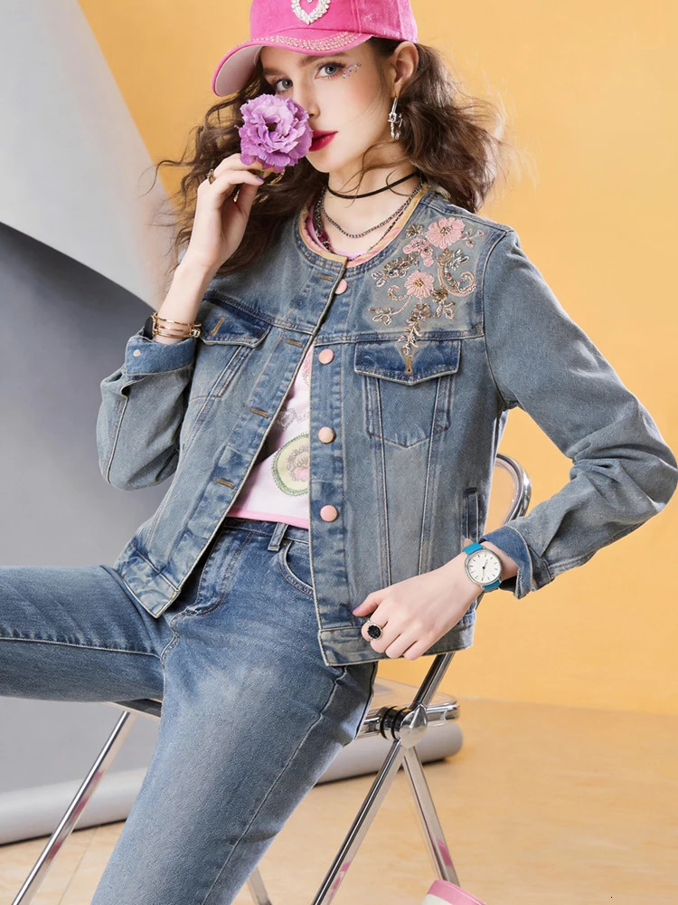 Womens Cropped Embroidered Denim Jacket Vintage Style Short Jean Coat Long Sleeve Button Front Casual Outerwear 260921