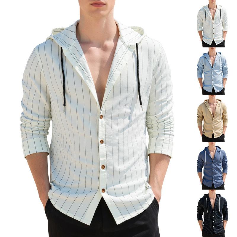 Chemise boutonnée à capuche rayée pour hommes, manches longues, cordon de serrage, légère, respirante, décontractée, pour la plage et les vacance