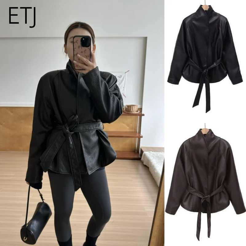 PU ETJ Women's Leather Vintage Wrap Jacket Belted High Neck Short Coat 2026 Spring Minimalist Retro Urban Fashion Outerwear C260921