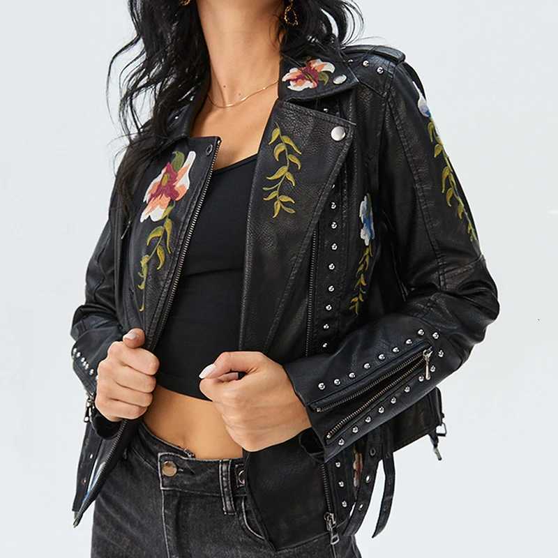 Faux Women's Leather Leather New Women Retro Floral Print Embroidery Faux Soft PU Leather Jacket Coat Turndown Collar Motorcycle Biker Black Pu