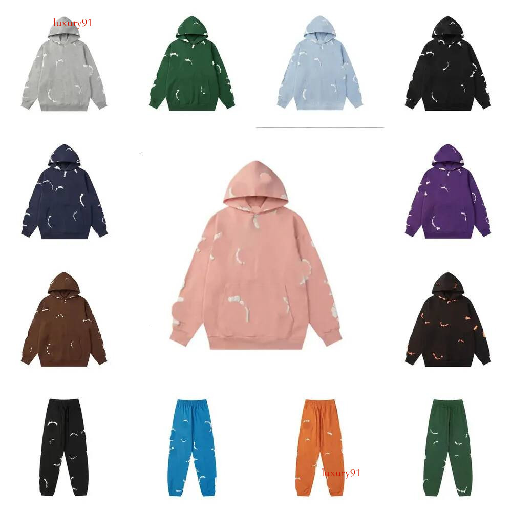 Men's Hoodie Kapok Puff Flower Printed Y2k Tracksuits High Street Pullover Vintage Hip Hop Fashion Tracksuits Casual Sweatshirt Pants Set