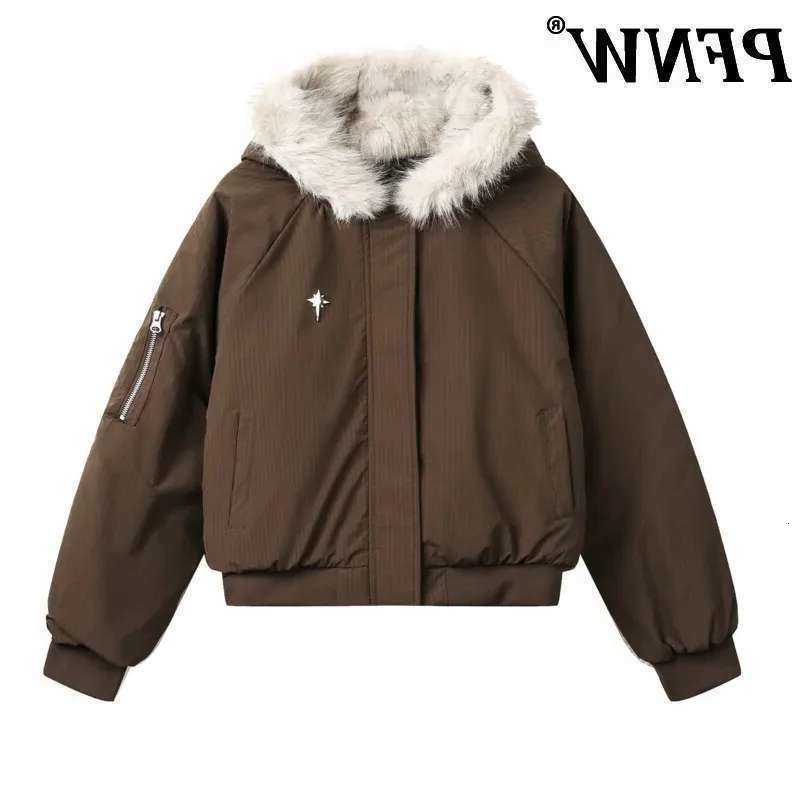 Unisex Parkas PFNW Men's Down Winter Warm Fur Collar Hooded Quilted Padded Jacket 2024 Trend New Brown Loose Causal Short Style Cotton-padded C