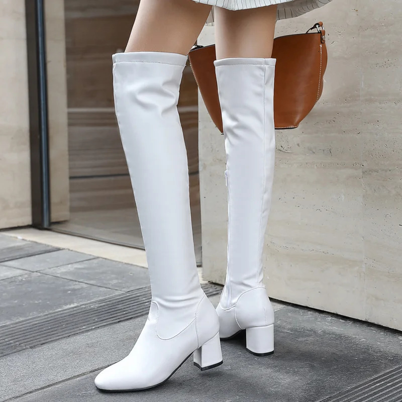 Botas por encima de la rodilla de moda, botas altas hasta el muslo de invierno para mujer, color blanco y negro, tacones gruesos, zapatos sexis de i
