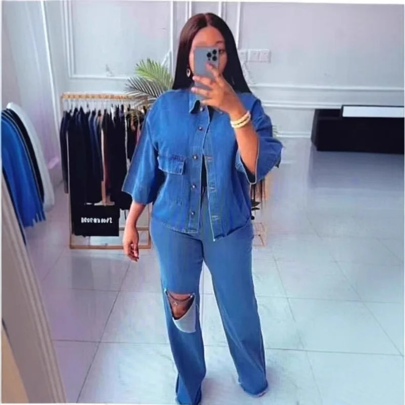 Denim Pant Set Women Two Piece Sets Turn Down Collar Matching Sets Single Breasted Shirt Tops Wide Leg Long Pants High Waist 260921