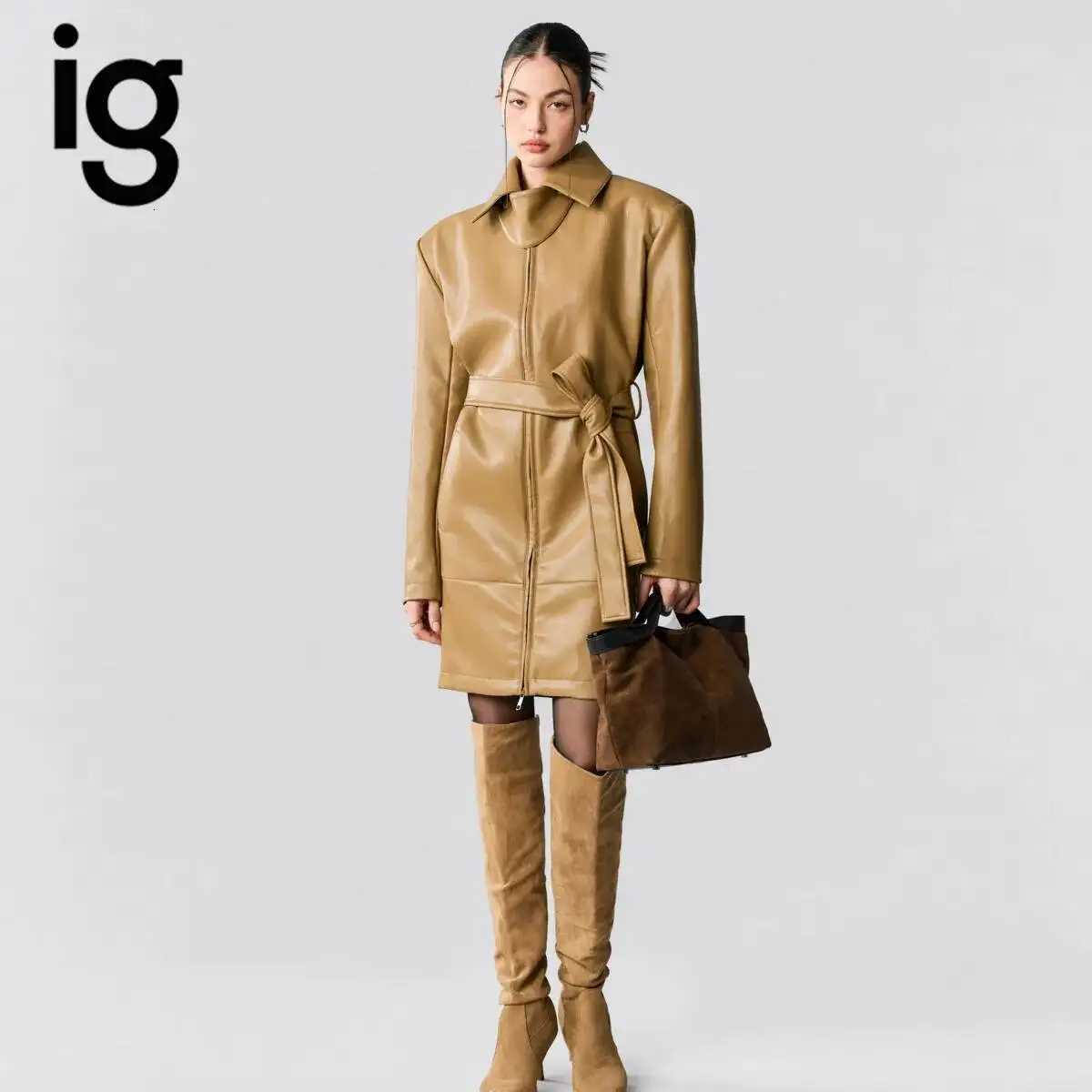 2026 Women's IG Turn Down Collar Zip Up Faux Leather Mini Dress Self Fabric Bow Tie Belt Waist Adjust Long Sleeve Pocket Slim C260921