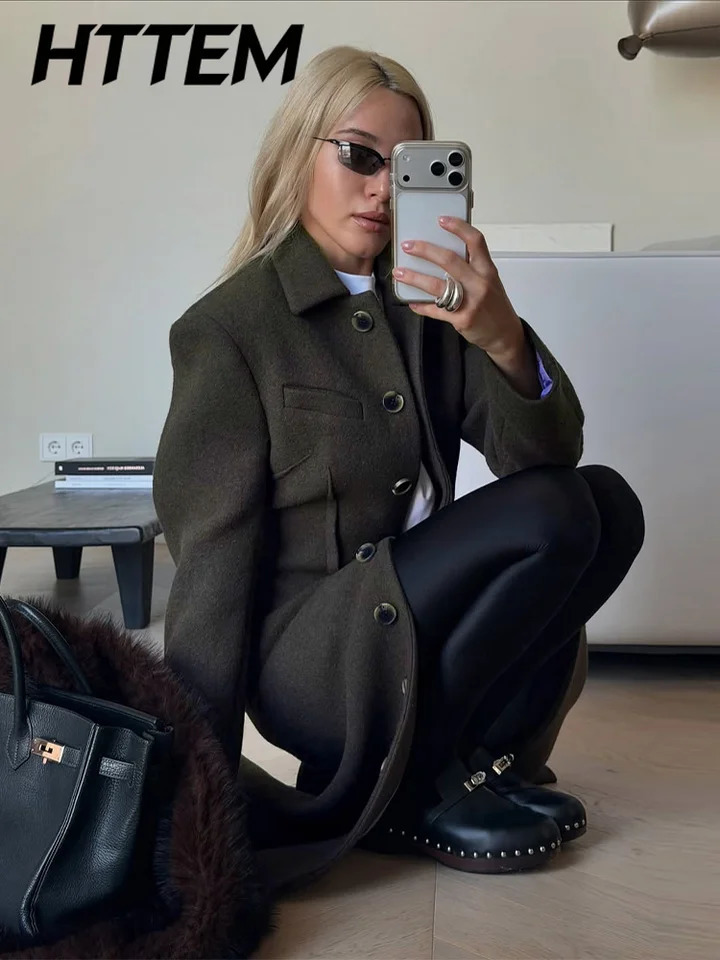 Elegant Solid Women's Woolen Coat Turn-Down Collar Single-Breasted Slim Lady Long Coats 2026 Autumn Winter Female Streetwear 260922