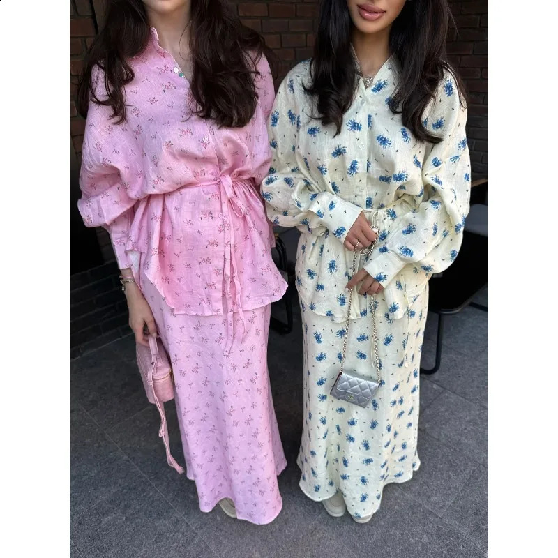 Women Two Piece Sets Skirt Set Floral Print Lantern Sleeve Turn Down Collar Shirt Long Skirts A Line Lace Up Y2k Elegant Work 260921