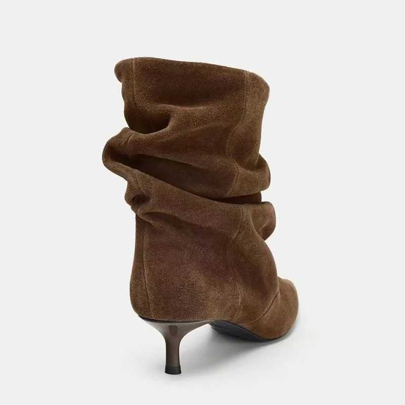 Designer Winter New Women's Boots Boots Pleated Womens Ankle Boots Retro Brown Party Shoes Elegant High Heels Pointed Toe Suede Shoes for Women