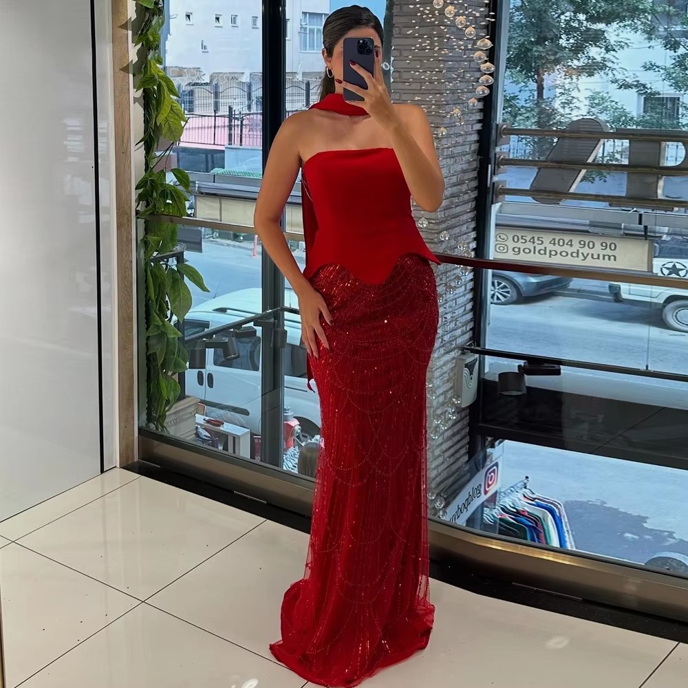 Luxury Red Prom Pageant Dress 2027 Strapless Sequins Beads Mermaid Floor Length Stain Evening Party Gowns Formal Birthday Dresses Robe De Soriee