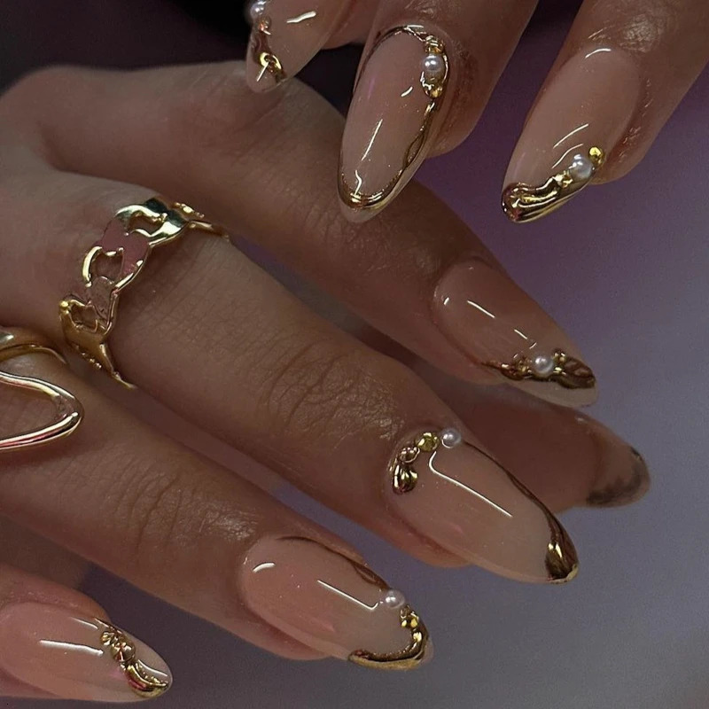 24Pcs French Gold Edge Wearable Almond Press on Fake Nails Simple Pearl Decoration False Nails Glue Full Over Manicure Ins Tool 260922