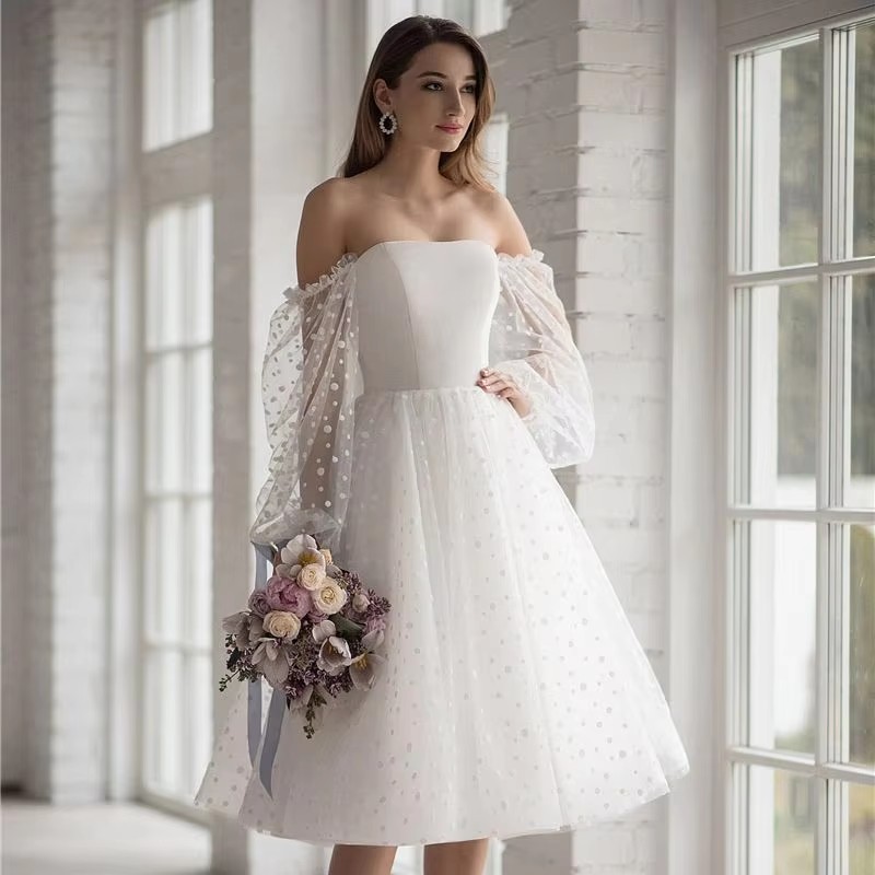 Abito da sposa corto moderno 2027 maniche a sbuffo staccabili senza spalline Tulle Abiti da festa da sposa Abiti da sposa Vestido de Novia Robe De M