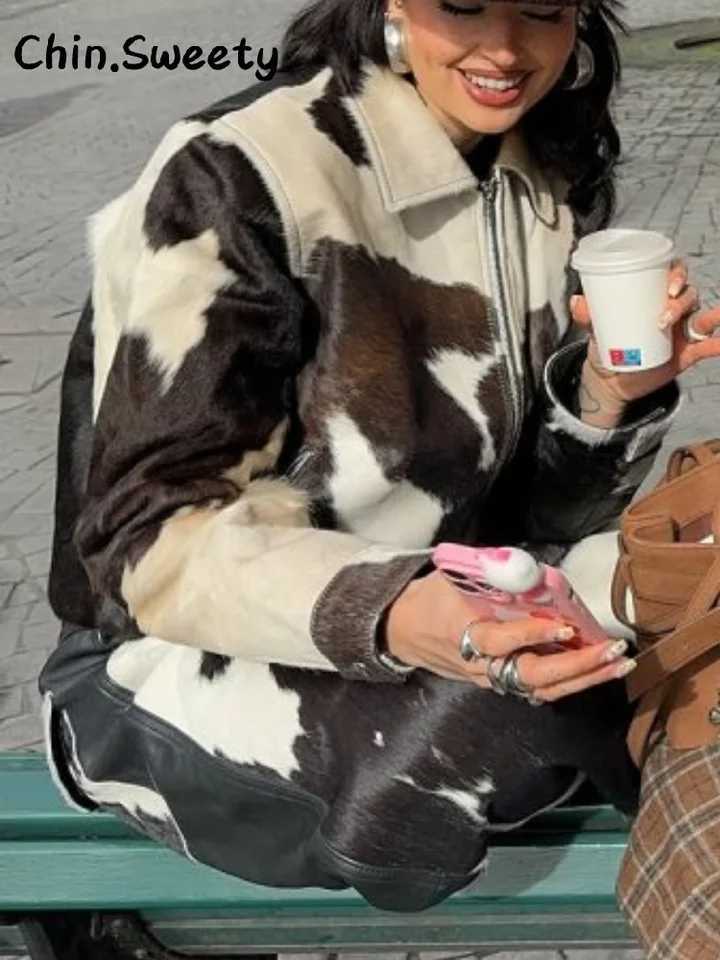 Women's Jackets Casual Women's Long Sleeve Jacket With Cow Pattern Loose Lapel Zipper Pockets Coats Female 2025 Autumn Lady Chic Outwears