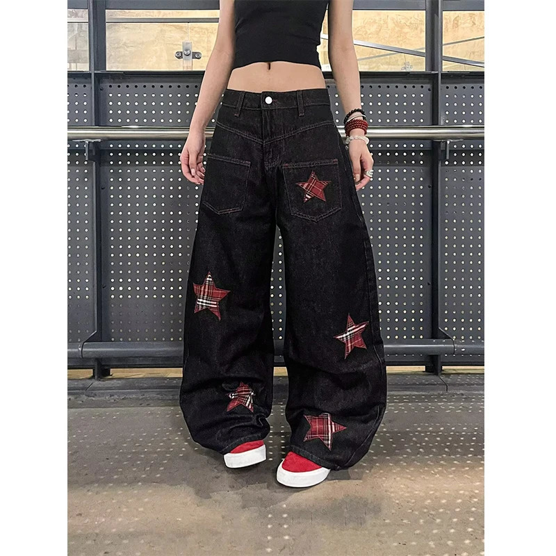 Women Black Gothic Y2k Star Embroidery Jeans Harajuku Vintage Emo Denim Trouser Japanese 2000s Style Oversize Jeans Pants 260921