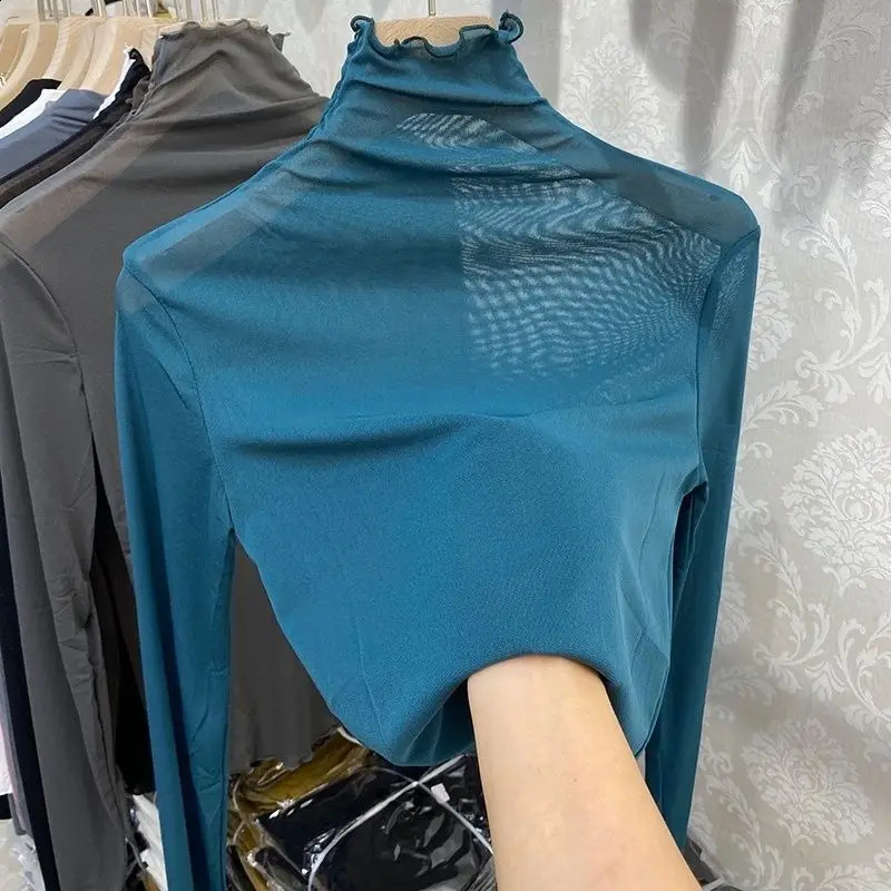 1pcs Spring Autumn Sexy Women T Shirt See Through Transparent Mesh Lace Tops Long Sleeve Sheer Slim Ladies Turtleneck T-Shirt 260921