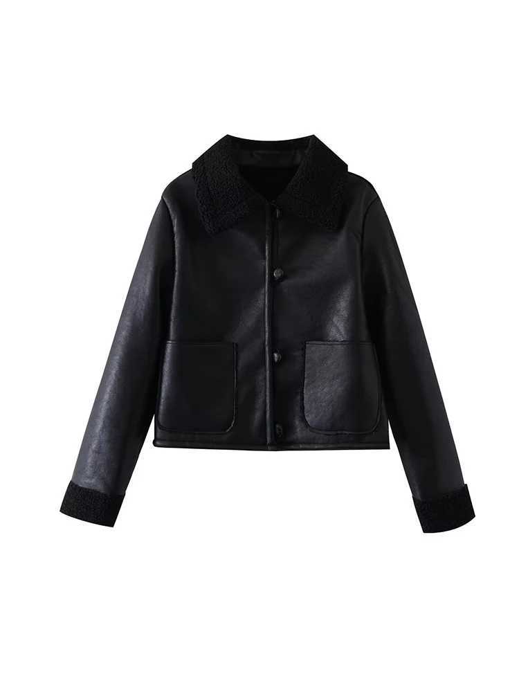 Faux Vintage Women Leather Fleece Jackets 2023 Autumn-Winter Fashion Ladies Elegant Motobiker Short Jacket Casual Female Chic C260921