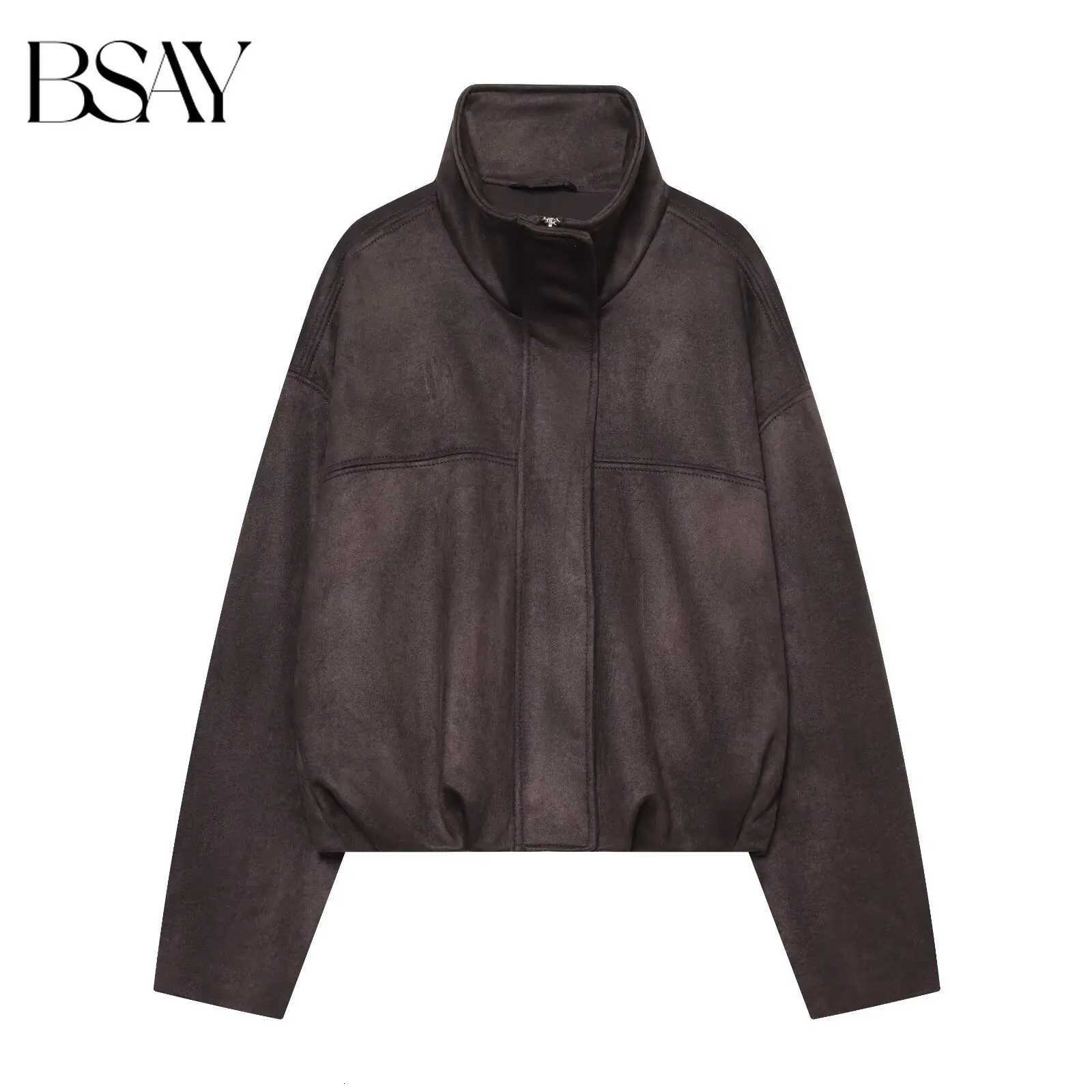 Women's Jackets BSAY 2026 Autumn Casual Commute Women Faux Suede Jacket Stand Collar Bubble Hem Oversized Loose Cropped Long Sleeve Outer Coat