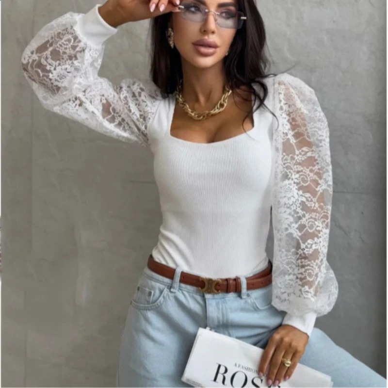 Sexy Elegant Casual Top Spring Autumn Trendy Womens Ribbed Knit Bodysuit Square Neck Lace Puff Sleeves Adjustable Cuff 260921