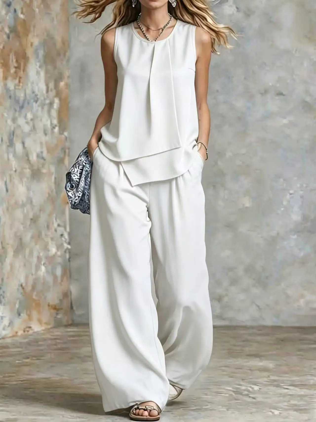 New 2026 Baseball Summer Sets Women's Pants Set Sleeveless Solid Color Casual Loose Fashionable Comfortable Versatile Simple Daily Pants Set N2