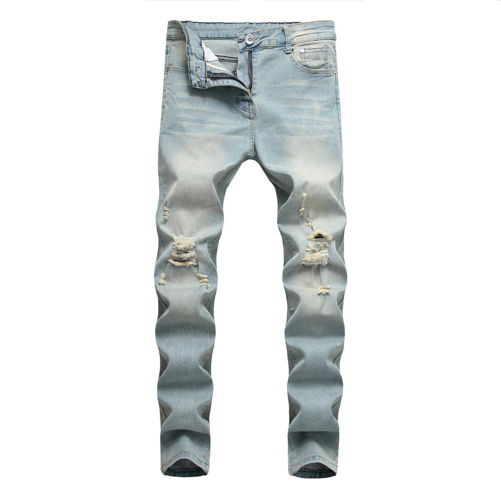 Ripped Style Skinny Men Wash Solid Denim Trouser Mens Casual Fit Pencil Denim Pants S26092230Q8