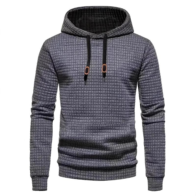 Mens Long Sleeve Waffle Grid Hooded Sweatshirt Drawstring Hood Design Front Kangaroo Pocket Ribbed Cuffs Casual Top