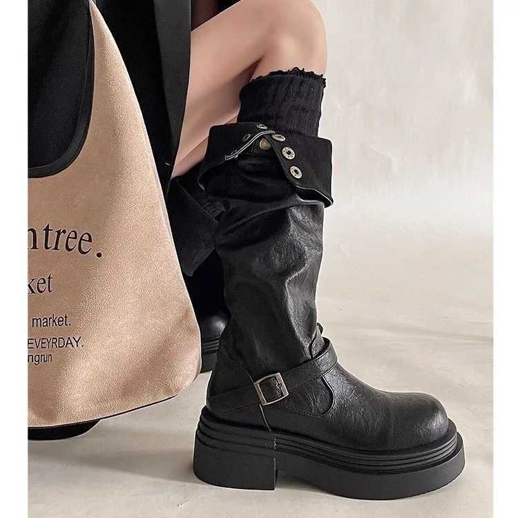 Designer Women's Platform Motorcycle Boots Boots Buckle Strap Thick-soled Boots Feamle New Black PU Leather Western Knight Botas Mujer J260922