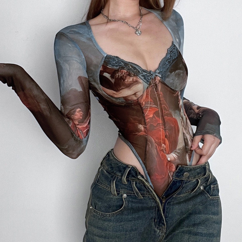 Spring and Summer New Printed High Waisted Long Sleeved Slim Fit Onesie Top