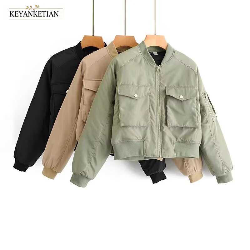 Women's Jackets KEYANKETIAN 2026 Autumn Casual Streetwear Bomber Jacket Women Zip Up Pocket Design Ribbed Trim Cropped Padded Winter Outerwear