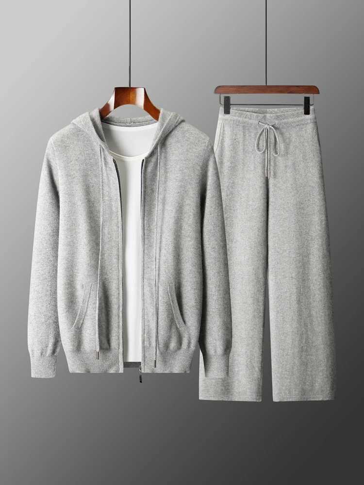 Tracksuits Men's Two-piece Men's Sets 100% Merino Wool Knitting Hooded Collar Cardigan and Wide-leg Pant Autumn Winter Thickened Warm Clot